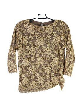 Womens Helga Gold Floral Lace Blouse 3/4 Sleeves & Back Keyhole Button Size XL
